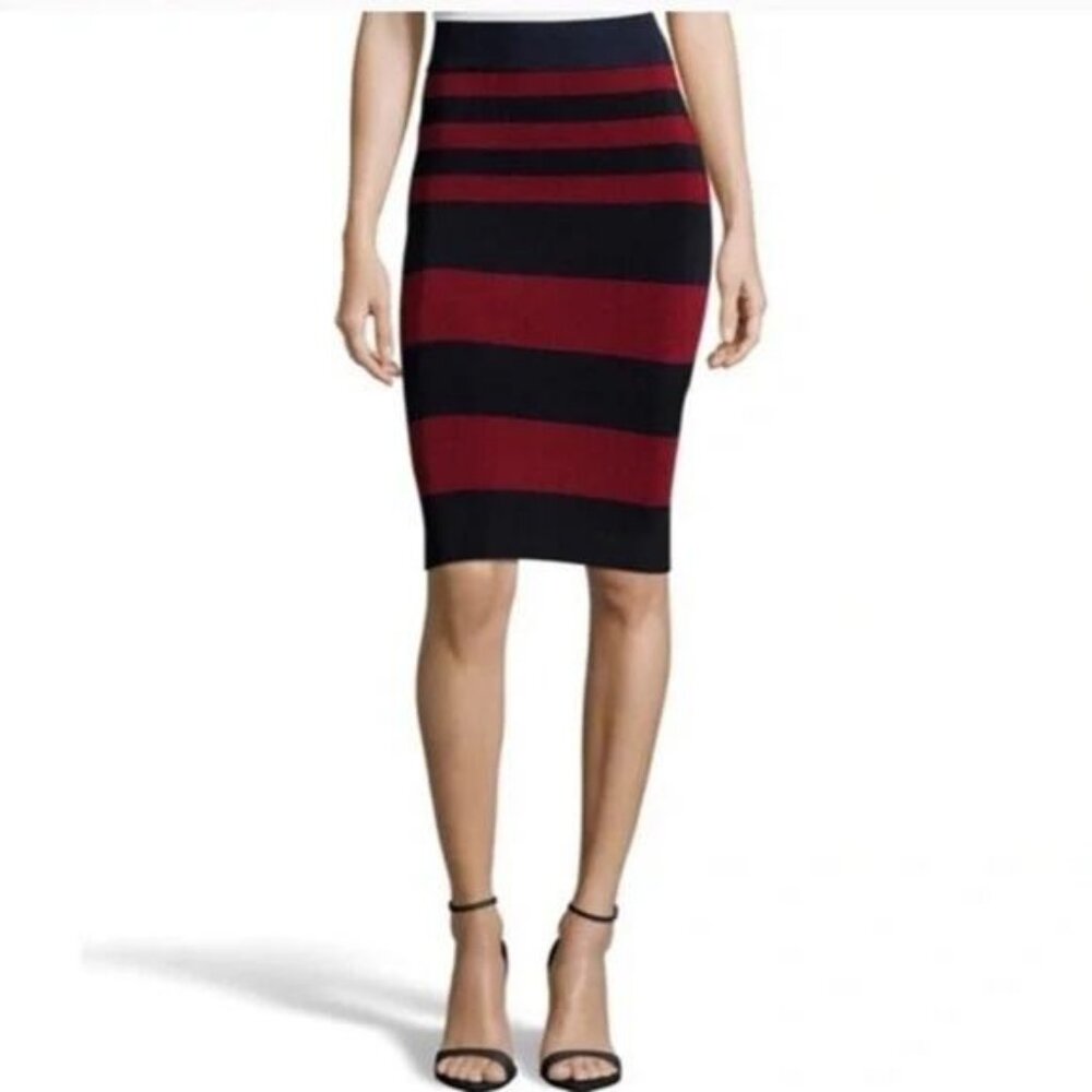 KAREN MILLEN Midi Striped Chevron Skirt Size 2 Deep Cardinal Red Navy
